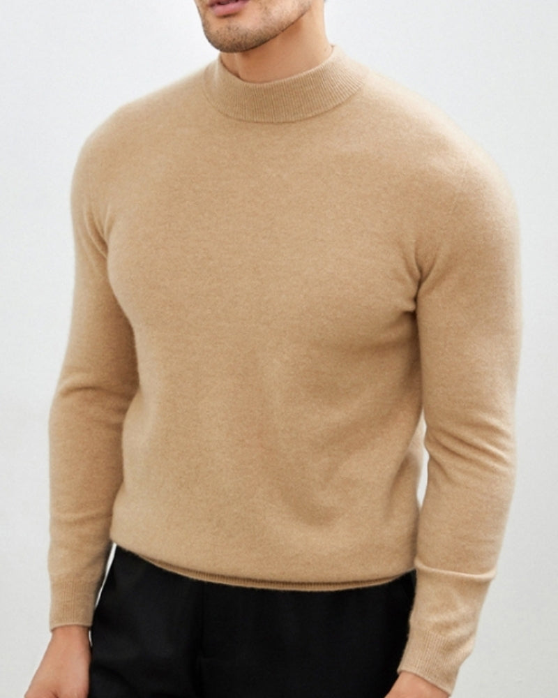 Men's Fine-Texture Jumper With Narrow Raised Neckline - Beige