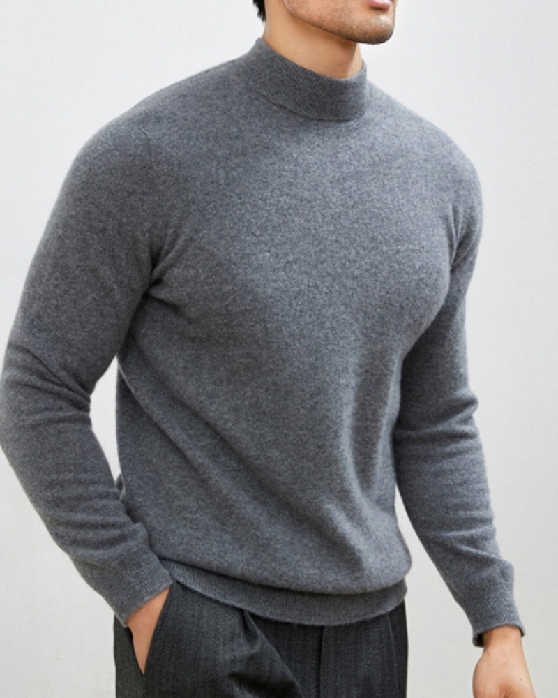 Men's Fine-Texture Jumper With Narrow Raised Neckline - Grey