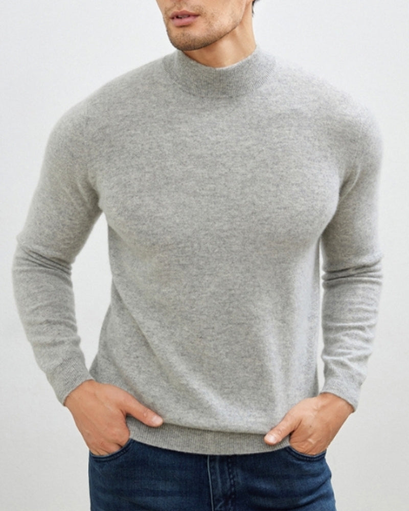 Men's Fine-Texture Jumper With Narrow Raised Neckline - Grey