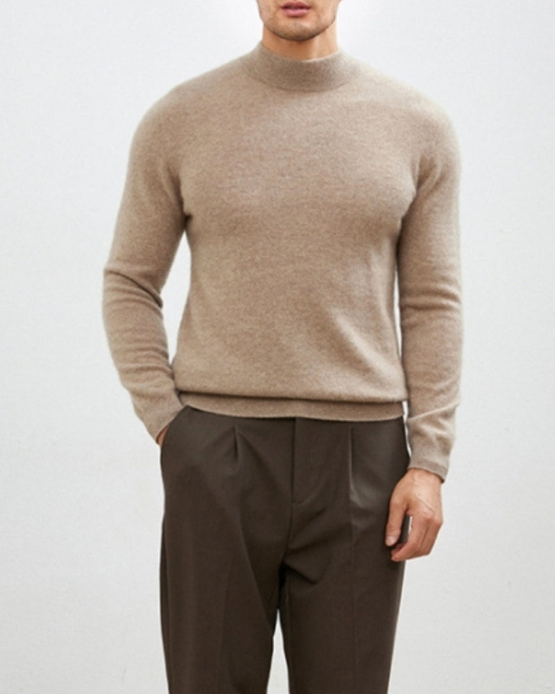 Men's Fine-Texture Jumper With Narrow Raised Neckline - Brown