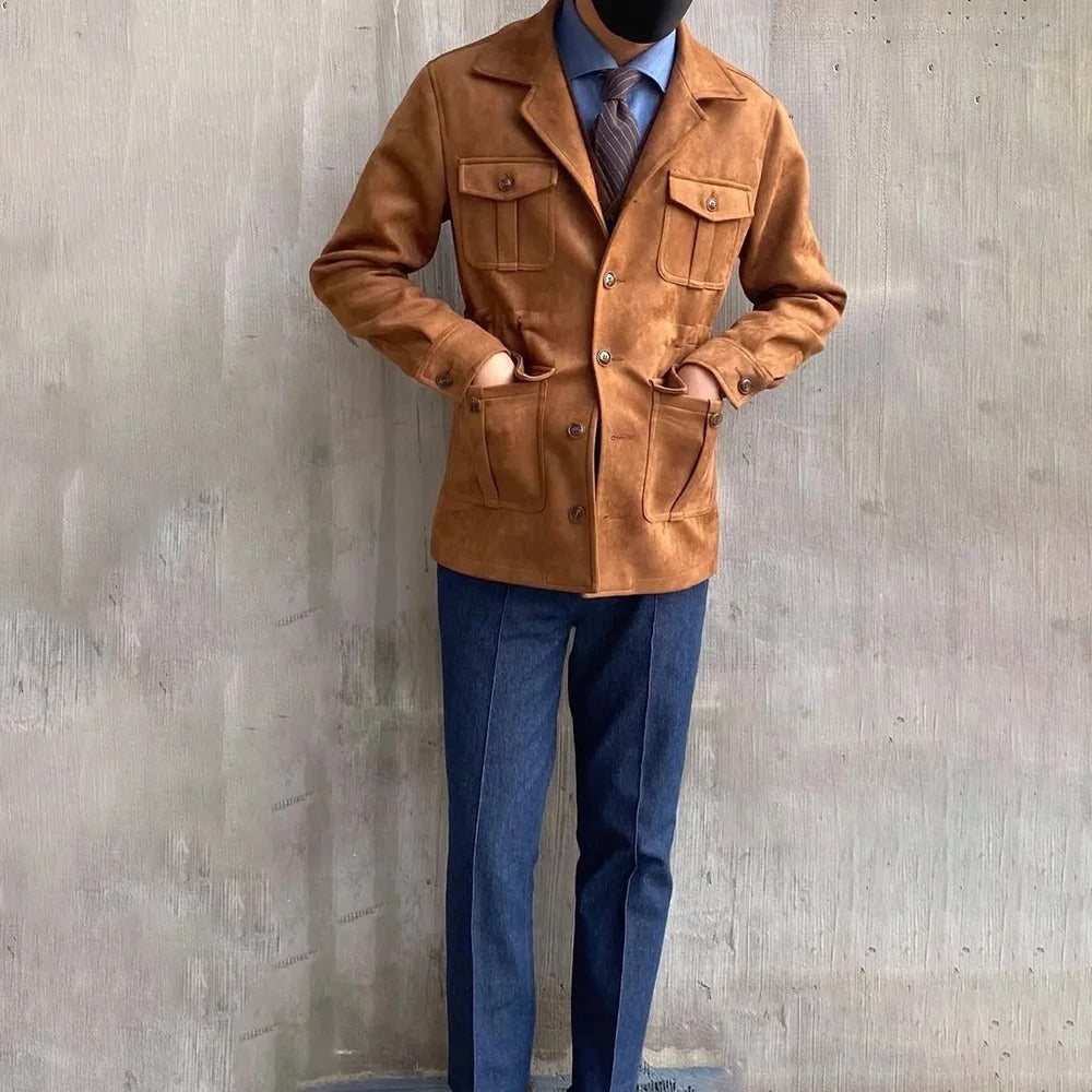 Men's Four-Pocket Field Jacket With Notch Lapels - Brown