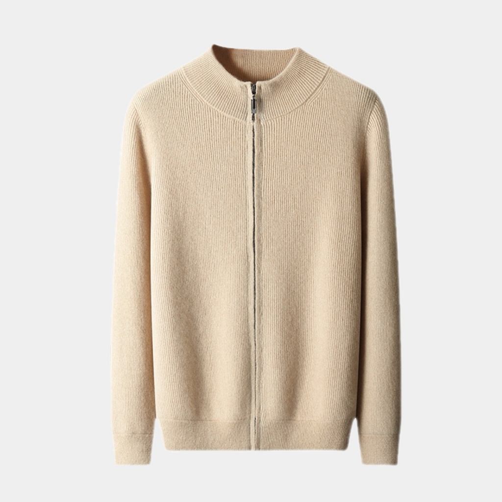 Men's Full-Zip Knitted Cardigan With Ribbed Stand Collar - Beige