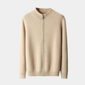 Men's Full-Zip Knitted Cardigan With Ribbed Stand Collar - Beige