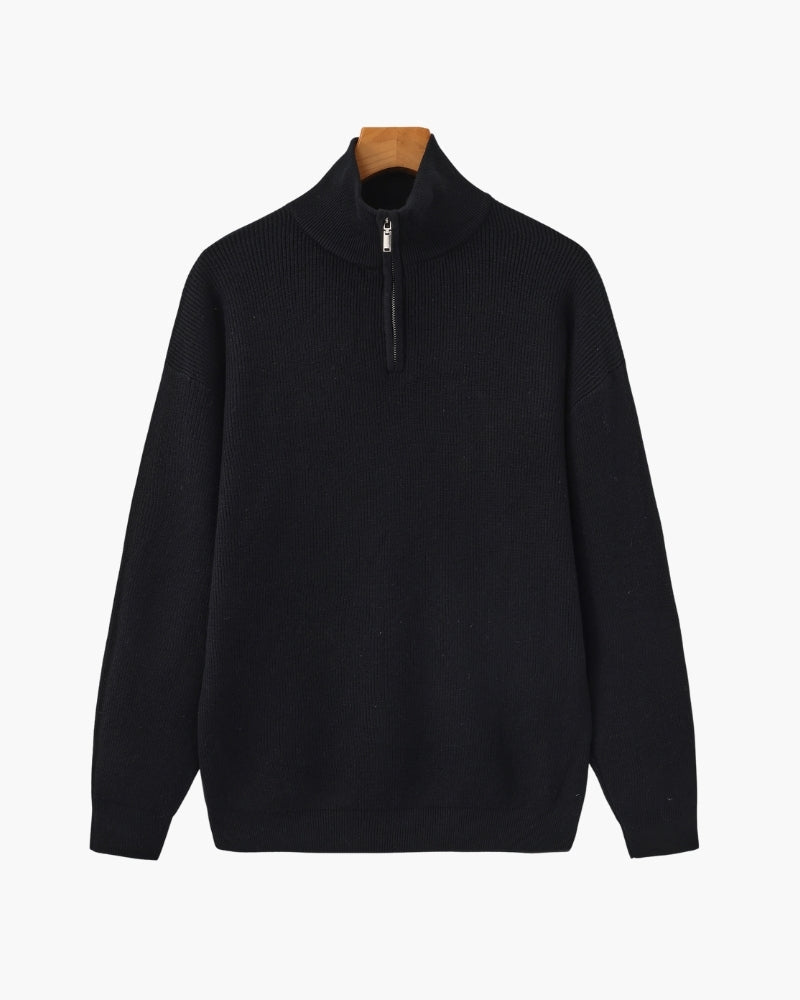 Men's Half-Zip Ribbed Jumper With Stand Collar - Black