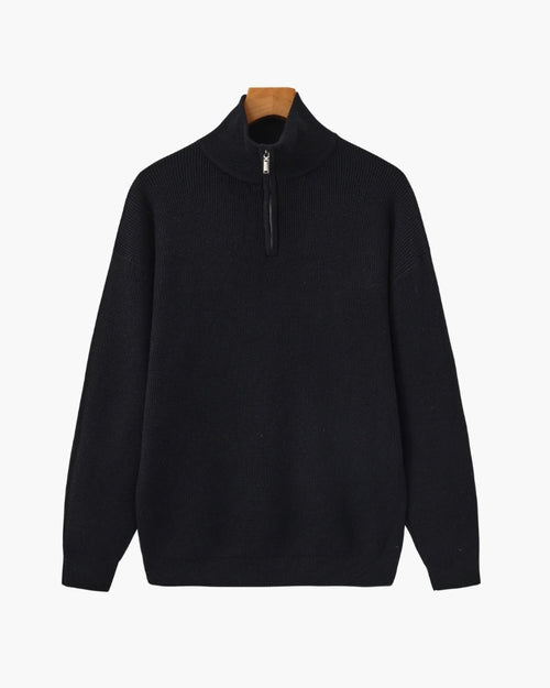 Men's Half-Zip Ribbed Jumper With Stand Collar - Black