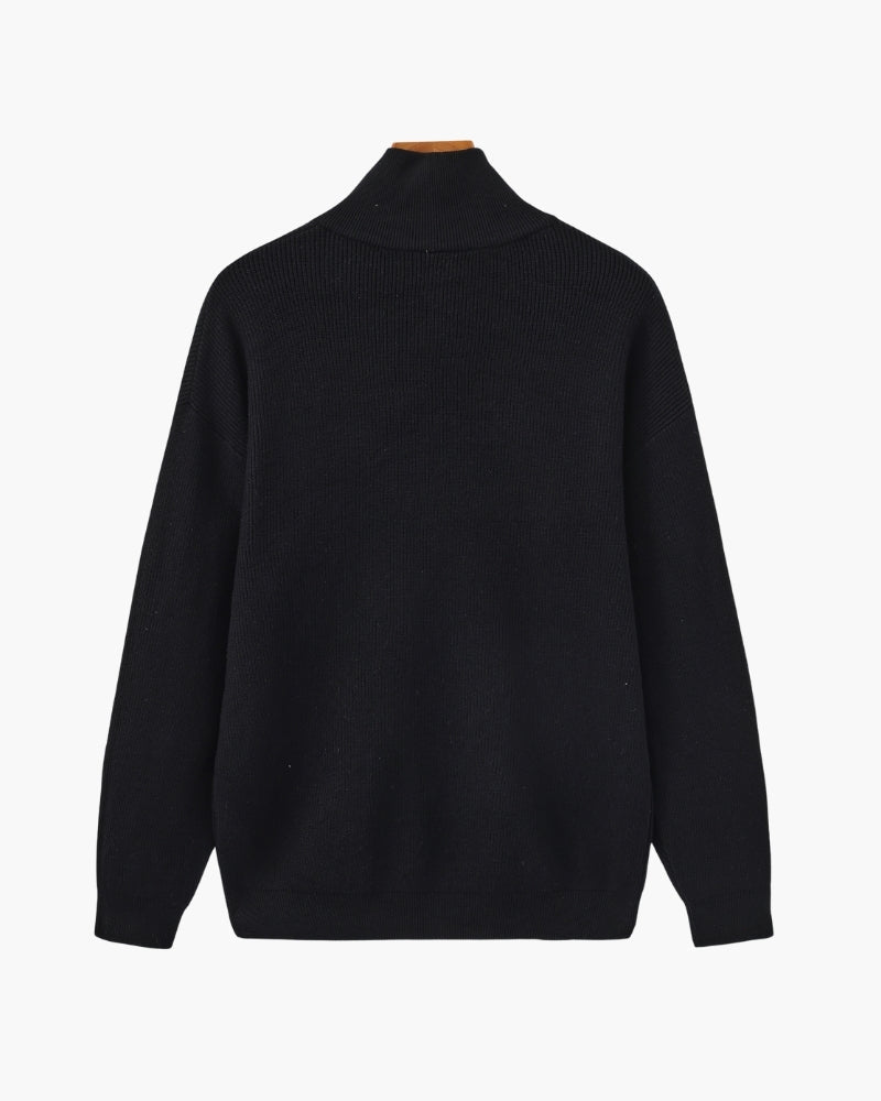 Men's Half-Zip Ribbed Jumper With Stand Collar - Black