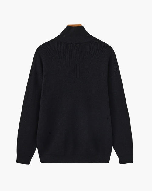 Men's Half-Zip Ribbed Jumper With Stand Collar - Black
