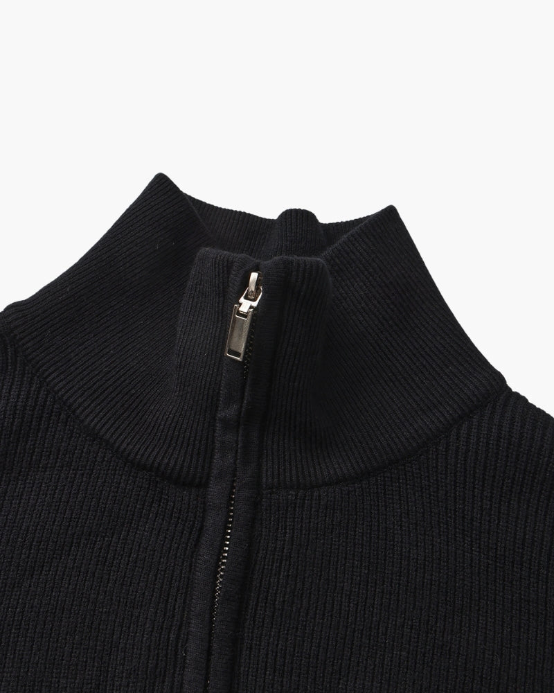 Men's Half-Zip Ribbed Jumper With Stand Collar - Black