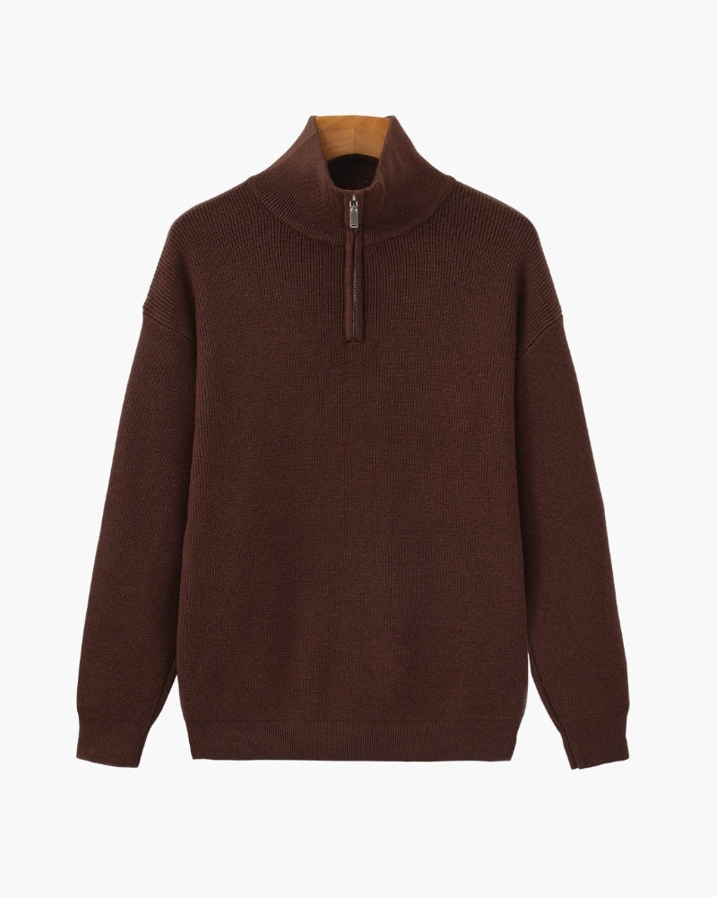 Men's Half-Zip Ribbed Jumper With Stand Collar - Burgundy