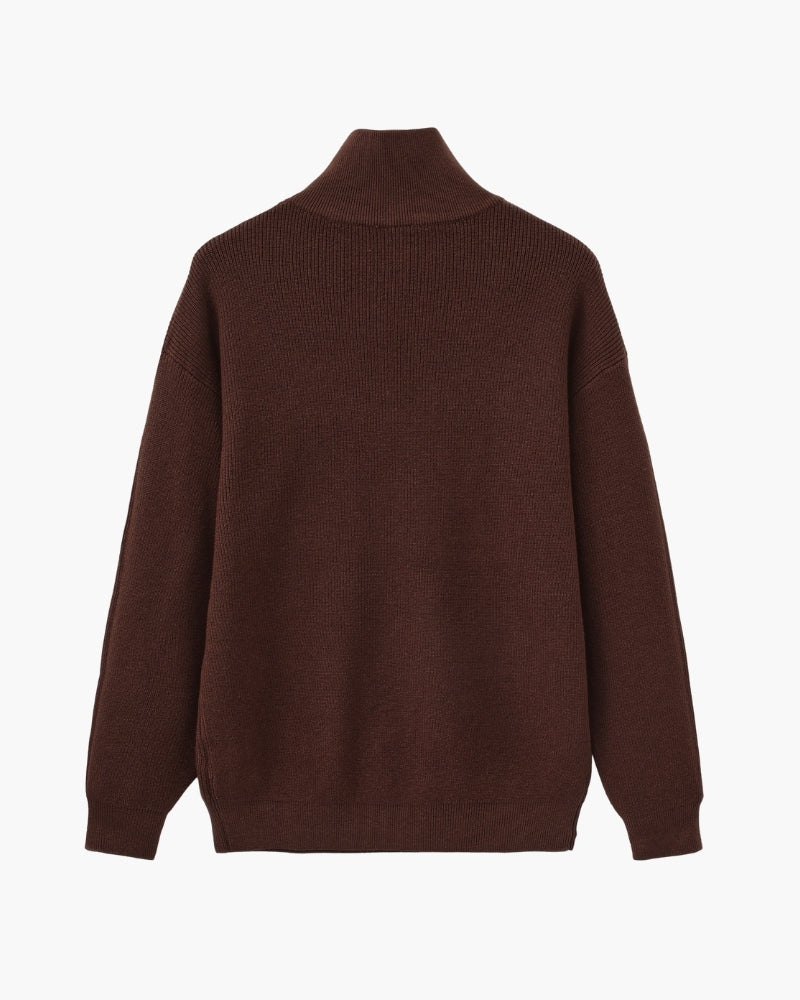 Men's Half-Zip Ribbed Jumper With Stand Collar - Burgundy