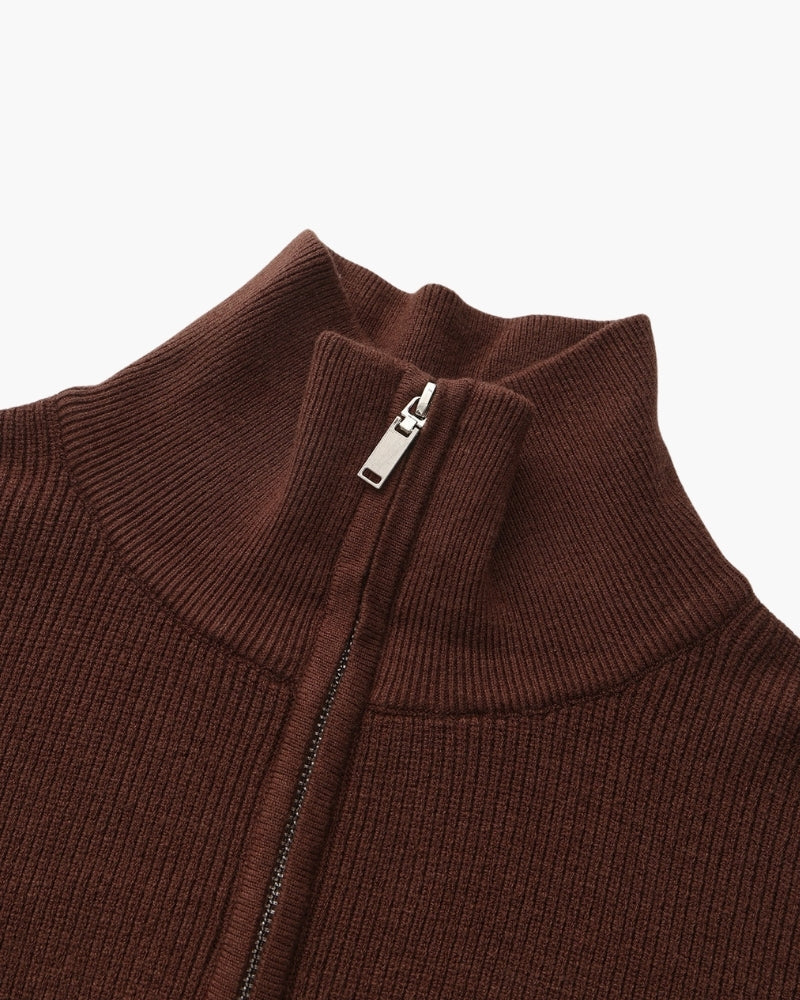 Men's Half-Zip Ribbed Jumper With Stand Collar - Burgundy