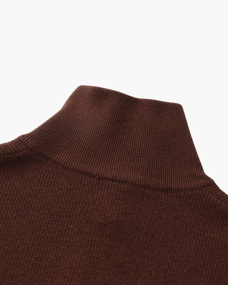 Men's Half-Zip Ribbed Jumper With Stand Collar - Burgundy