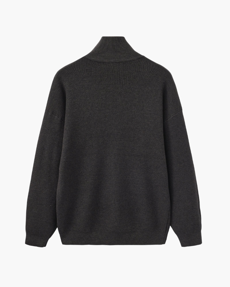 Men's Half-Zip Ribbed Jumper With Stand Collar - Dark Grey