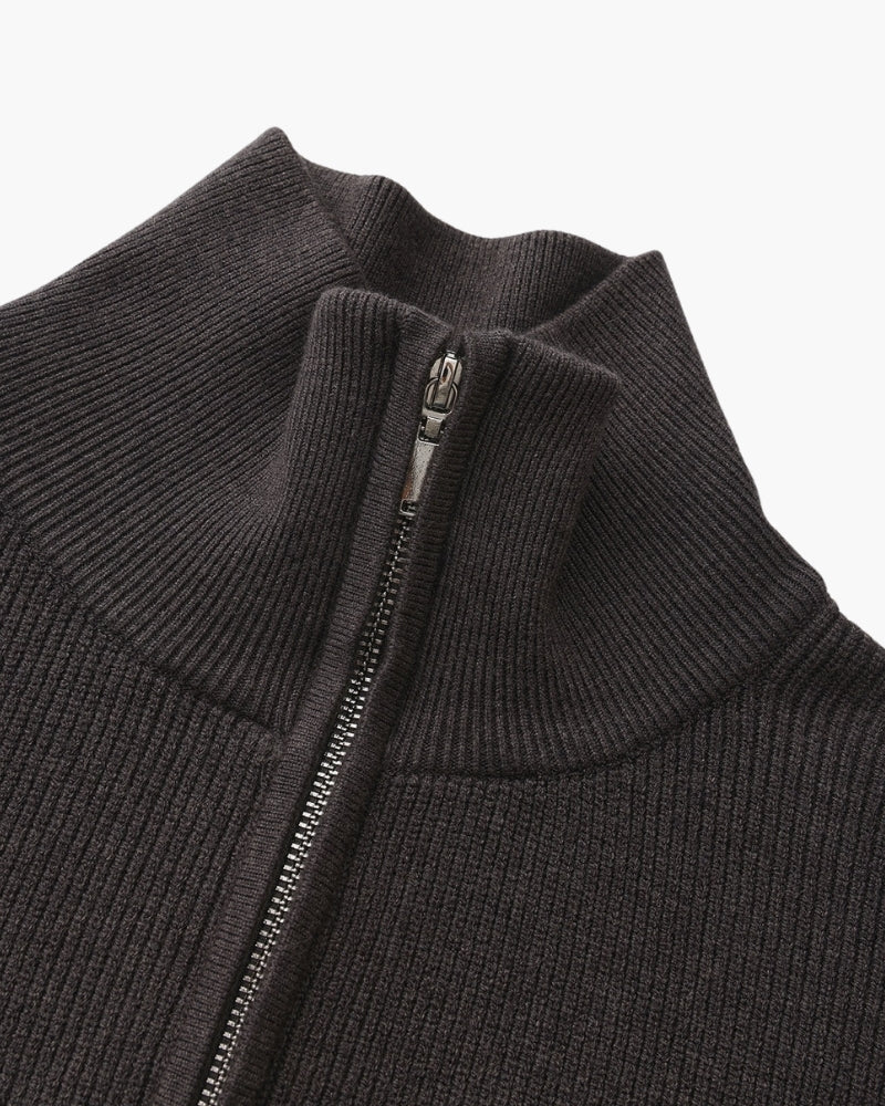 Men's Half-Zip Ribbed Jumper With Stand Collar - Dark Grey