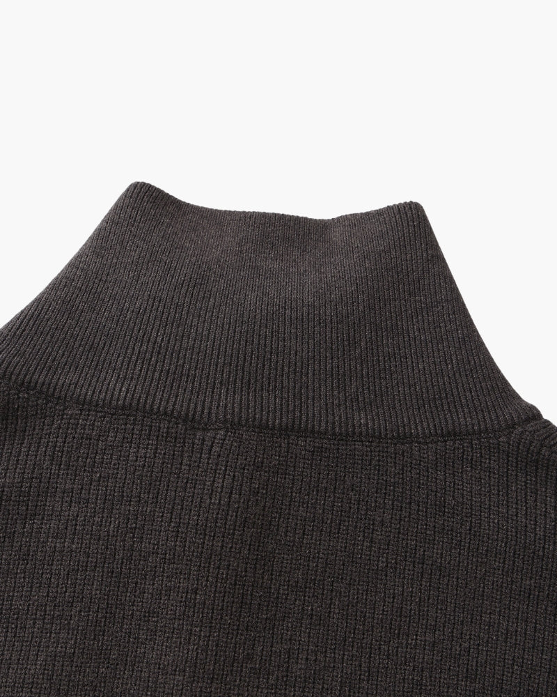 Men's Half-Zip Ribbed Jumper With Stand Collar - Dark Grey