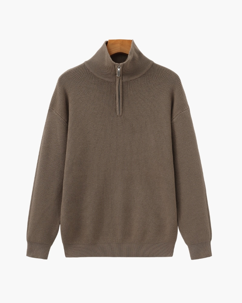 Men's Half-Zip Ribbed Jumper With Stand Collar - Brown