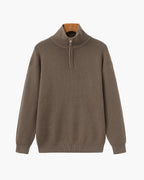 Men's Half-Zip Ribbed Jumper With Stand Collar - Brown