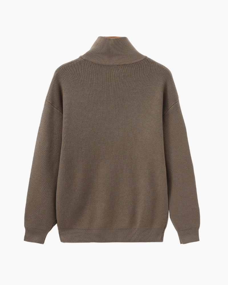 Men's Half-Zip Ribbed Jumper With Stand Collar - Brown