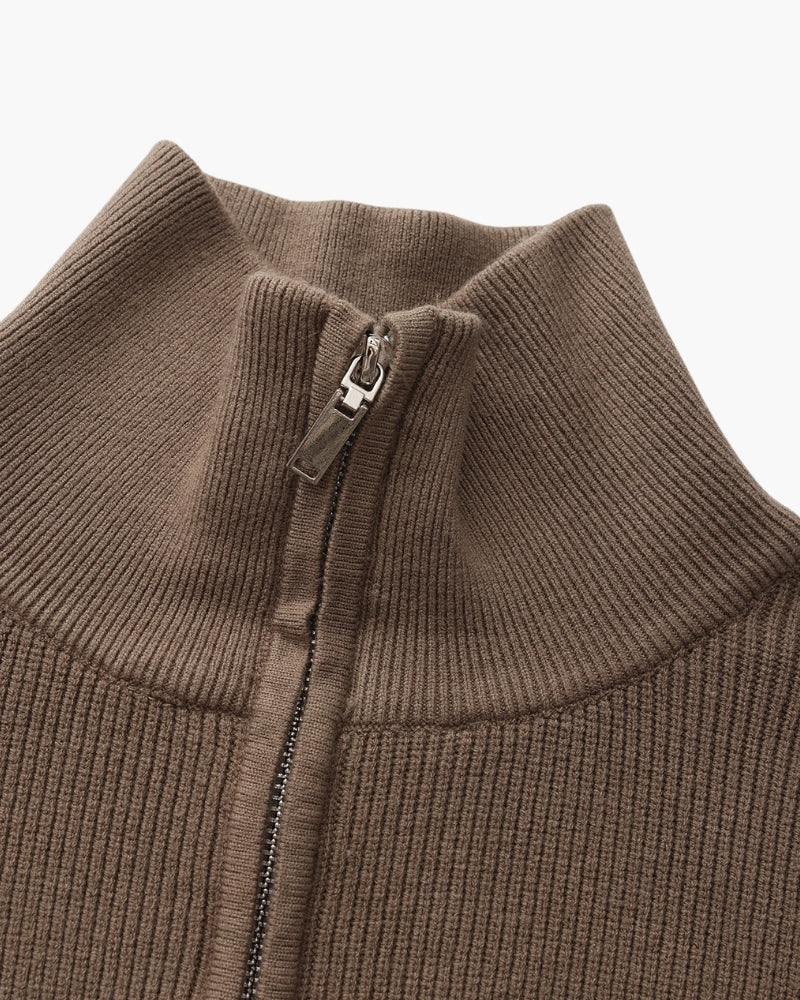 Men's Half-Zip Ribbed Jumper With Stand Collar - Brown