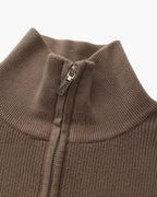 Men's Half-Zip Ribbed Jumper With Stand Collar - Brown