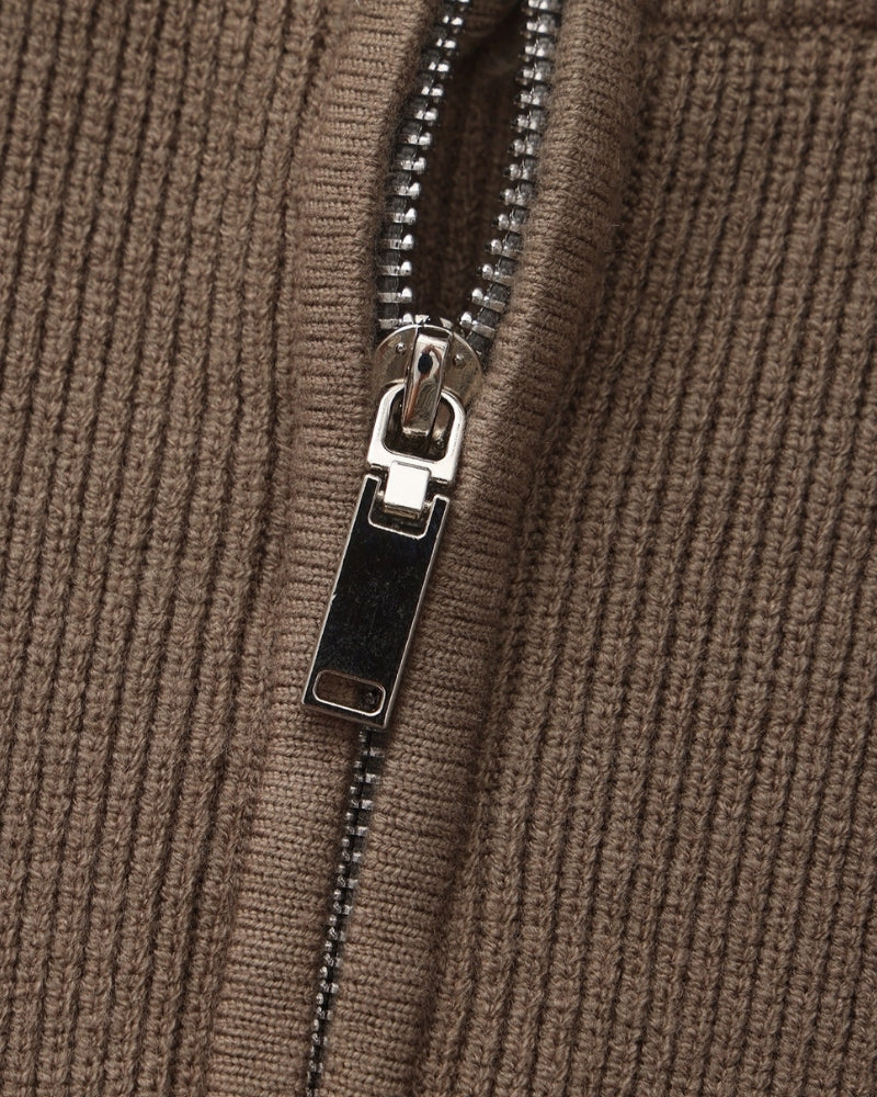 Men's Half-Zip Ribbed Jumper With Stand Collar - Brown