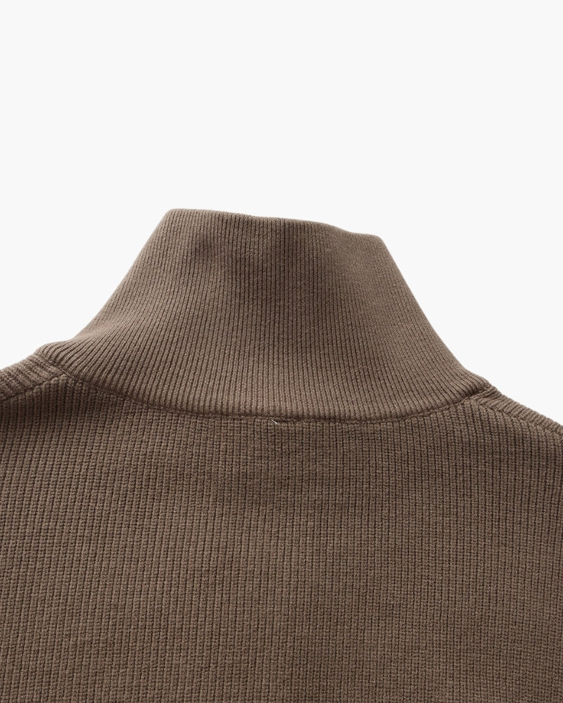 Men's Half-Zip Ribbed Jumper With Stand Collar - Brown