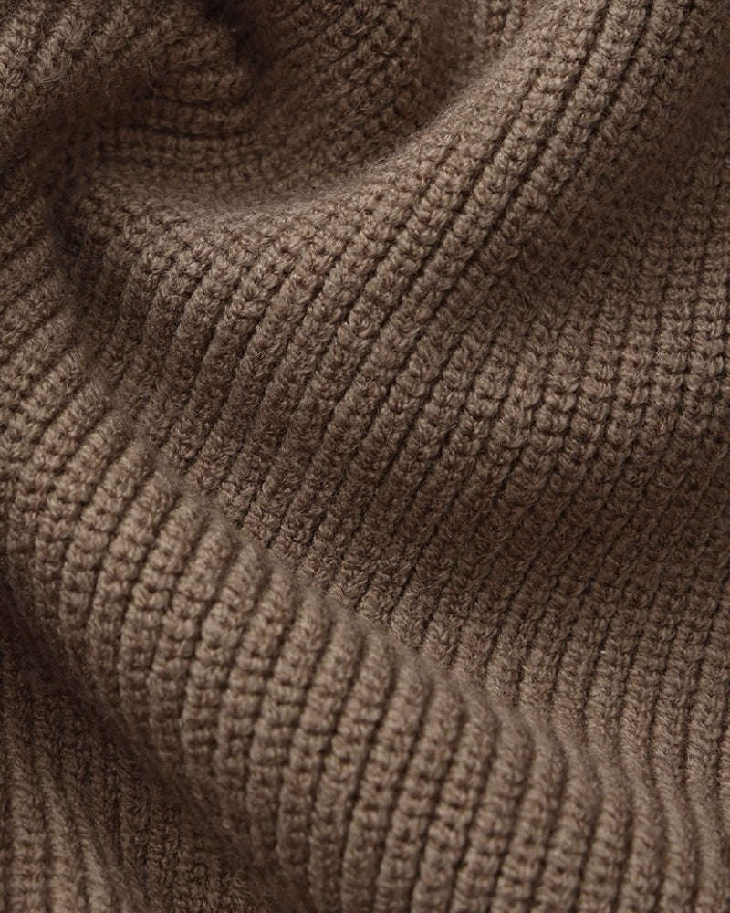 Men's Half-Zip Ribbed Jumper With Stand Collar - Brown