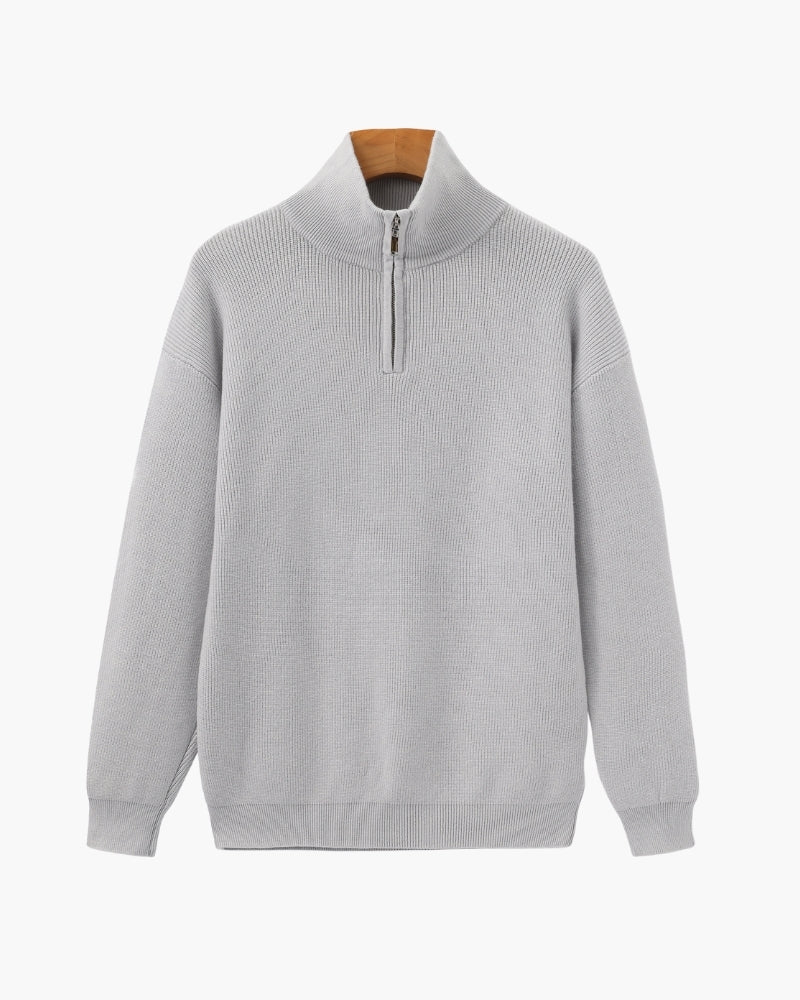 Men's Half-Zip Ribbed Jumper With Stand Collar - Grey