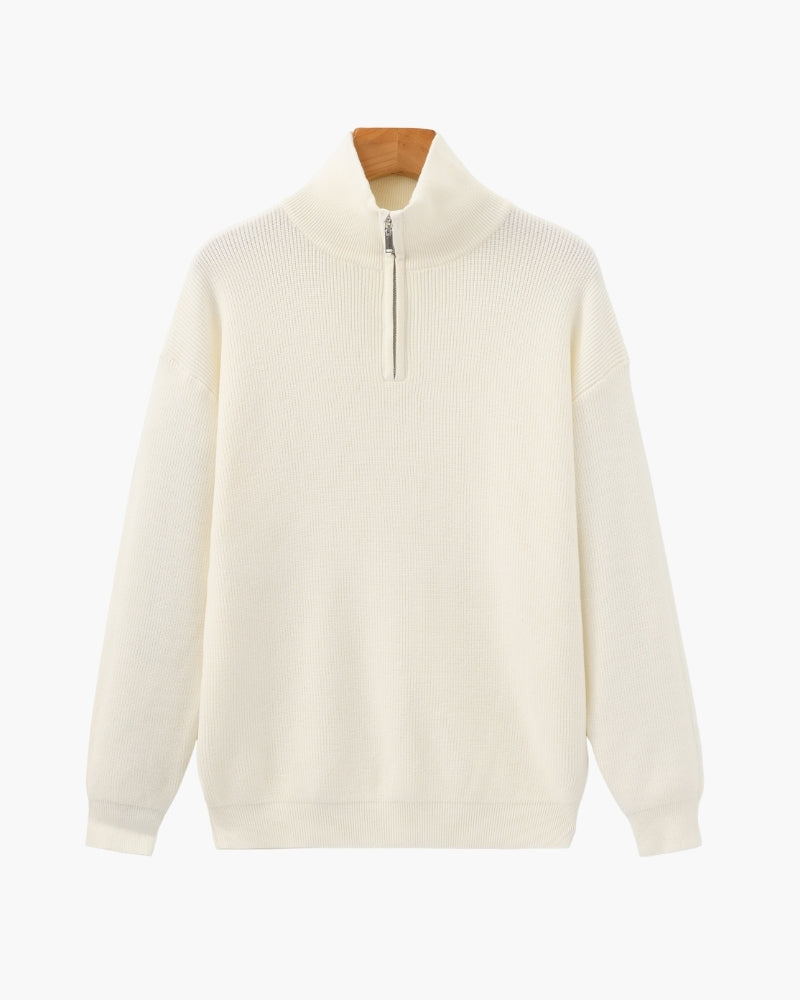 Men's Half-Zip Ribbed Jumper With Stand Collar - Ivory