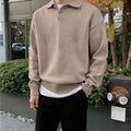 Men's Knitted Jumper With Folded Collar And Ribbed Hem - Khaki