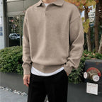 Men's Knitted Jumper With Folded Collar And Ribbed Hem - Khaki