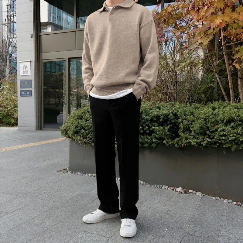 Men's Knitted Jumper With Folded Collar And Ribbed Hem - Colour options