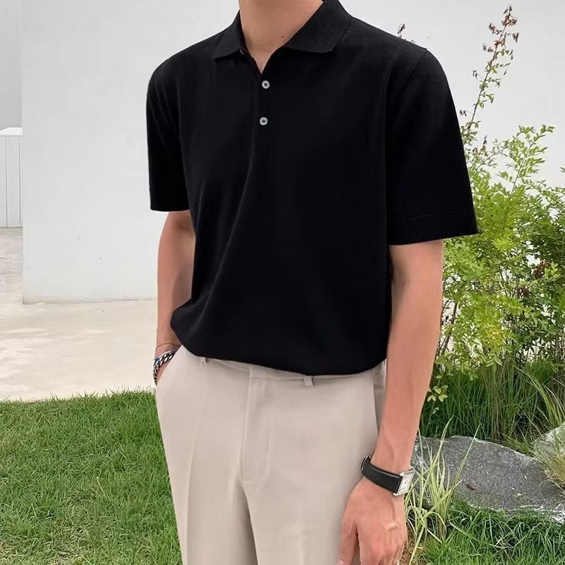 Men's Knitted Polo Shirt With Three-Button Placket - Black