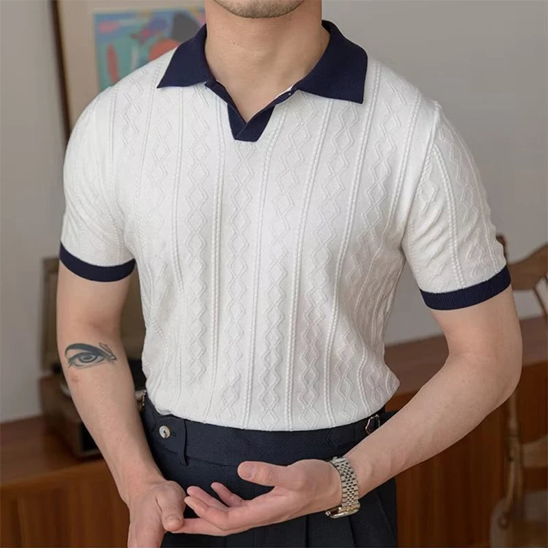 Men's Knitted Polo With Contrast Collar And Sleeve Trim - White