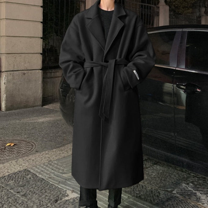 Men's Long Belted Coat With Notch Lapels And Tie Waist - Black