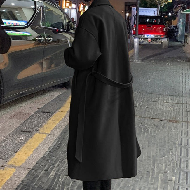 Men's Long Belted Coat With Notch Lapels And Tie Waist - Colour options