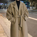 Men's Long Belted Coat With Notch Lapels And Tie Waist - Beige
