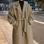 Men's Long Belted Coat With Notch Lapels And Tie Waist - Beige