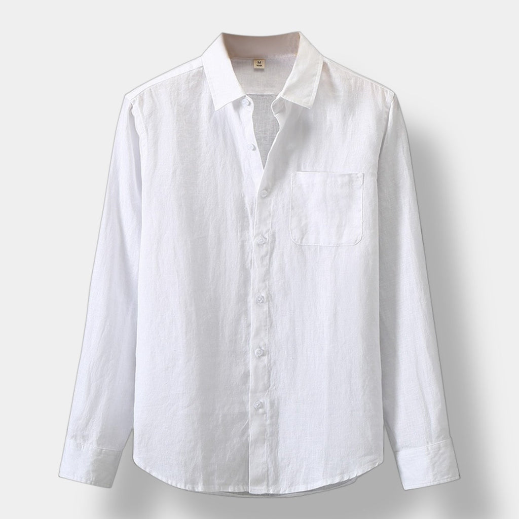 Men's Long-Sleeve Button Shirt With Curved Shirt Tail Hem - White