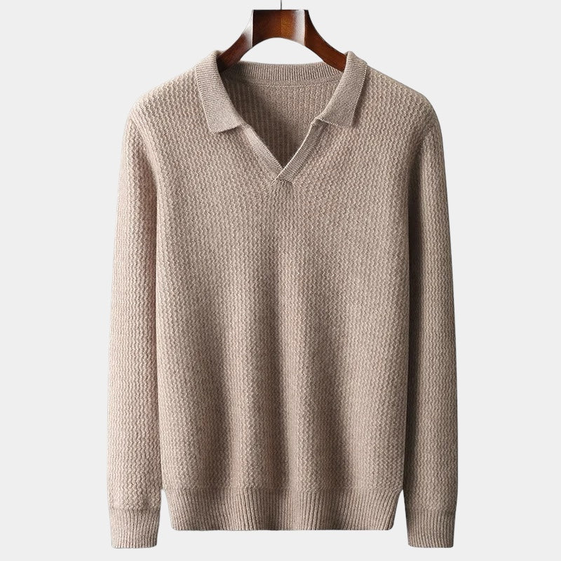 Men's Long-Sleeve Knit Polo With Open Flat Collar - Light Grey