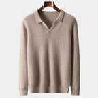Men's Long-Sleeve Knit Polo With Open Flat Collar - Light Grey