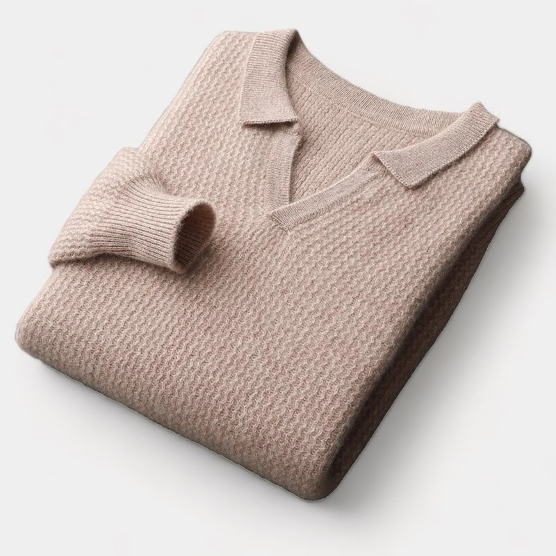 Men's Long-Sleeve Knit Polo With Open Flat Collar - Colour options