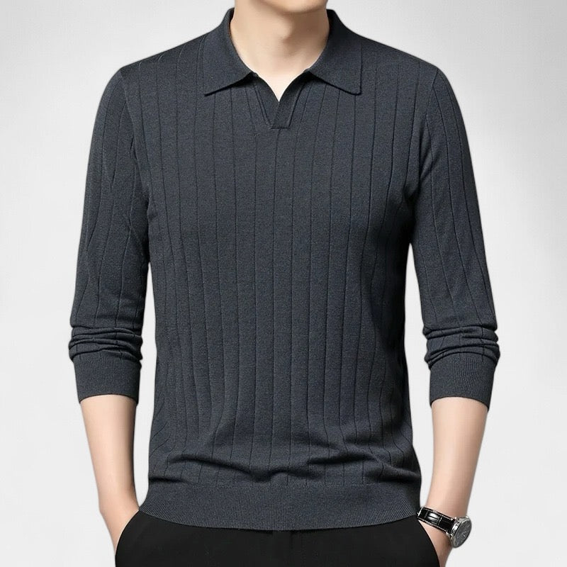 Men's Long-Sleeve Knitted Polo With Fine Vertical Rib - Grey