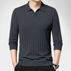 Men's Long-Sleeve Knitted Polo With Fine Vertical Rib - Grey