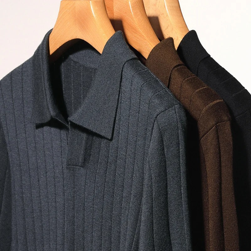 Men's Long-Sleeve Knitted Polo With Fine Vertical Rib - Colour options