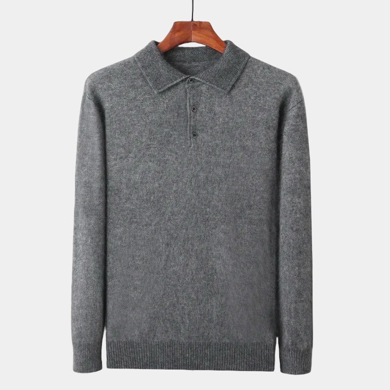 Men's Long-Sleeve Polo Jumper With Two-Button Neck - Grey