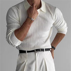 Men's Long-Sleeve Ribbed Knit Polo With Open V Neck - Colour options