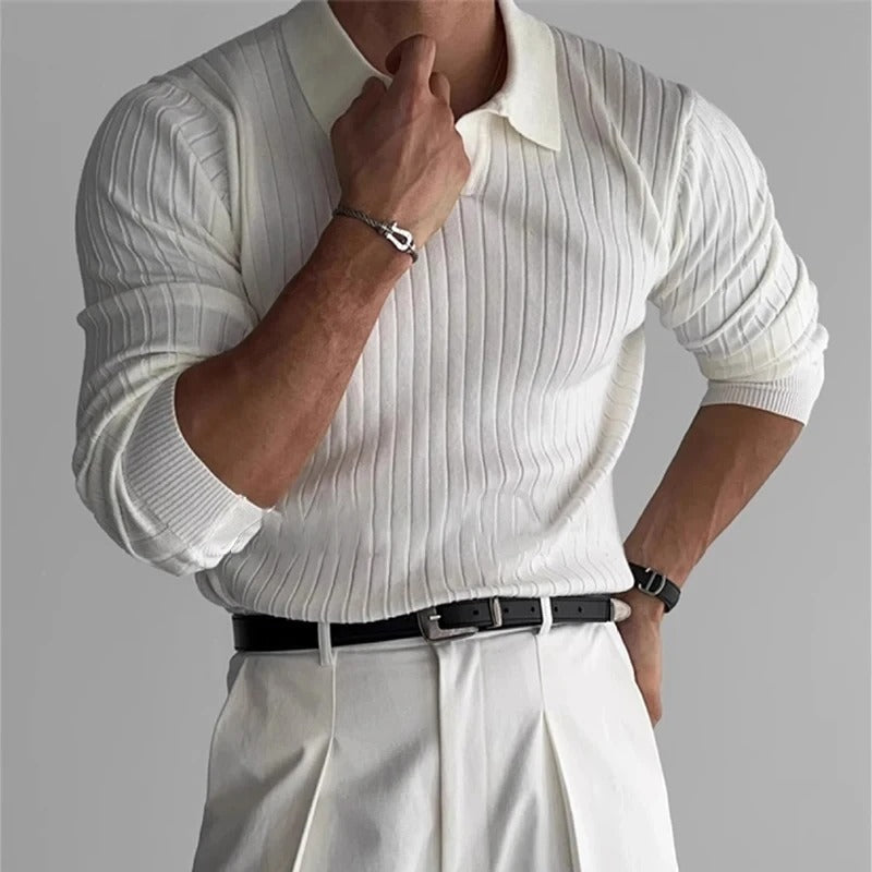 Men's Long-Sleeve Ribbed Knit Polo With Open V Neck - Colour options