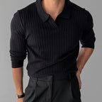 Men's Long-Sleeve Ribbed Knit Polo With Open V Neck - Colour options