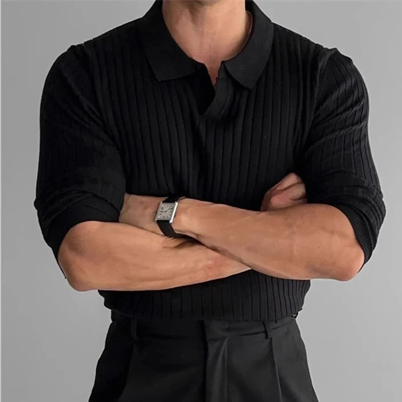 Men's Long-Sleeve Ribbed Knit Polo With Open V Neck - Black